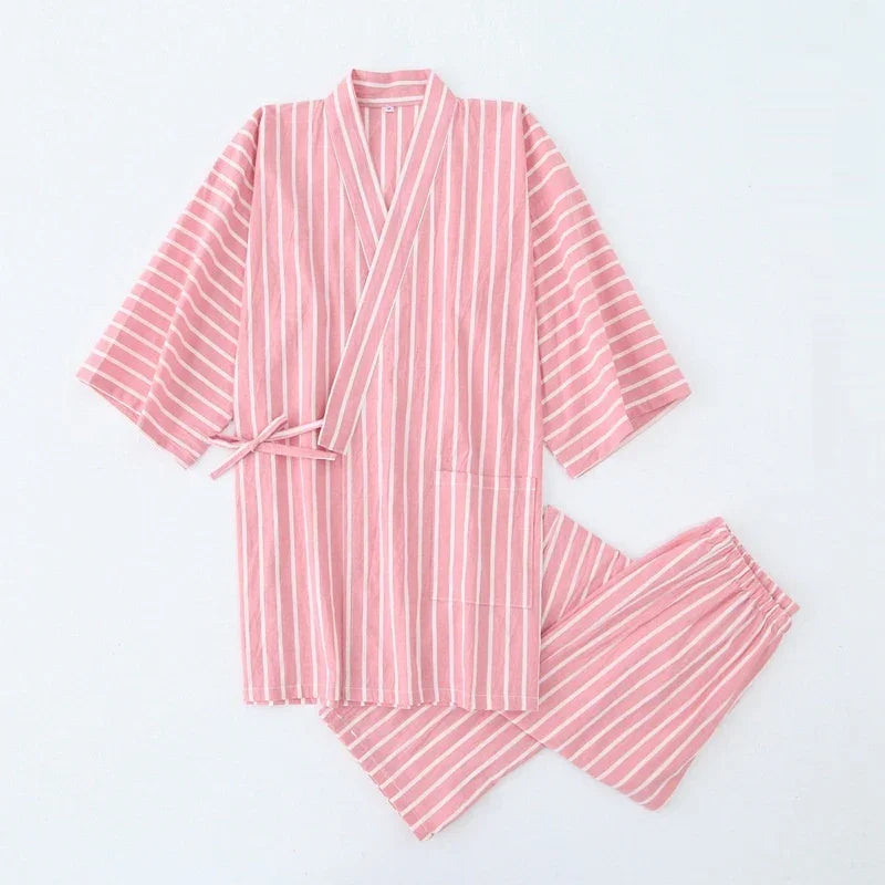 Pink and white striped cotton kimono-style pajama set with elastic waist pants