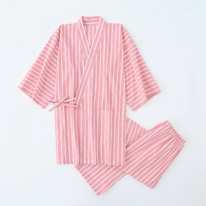 Pink and white striped cotton kimono-style pajama set with elastic waist pants