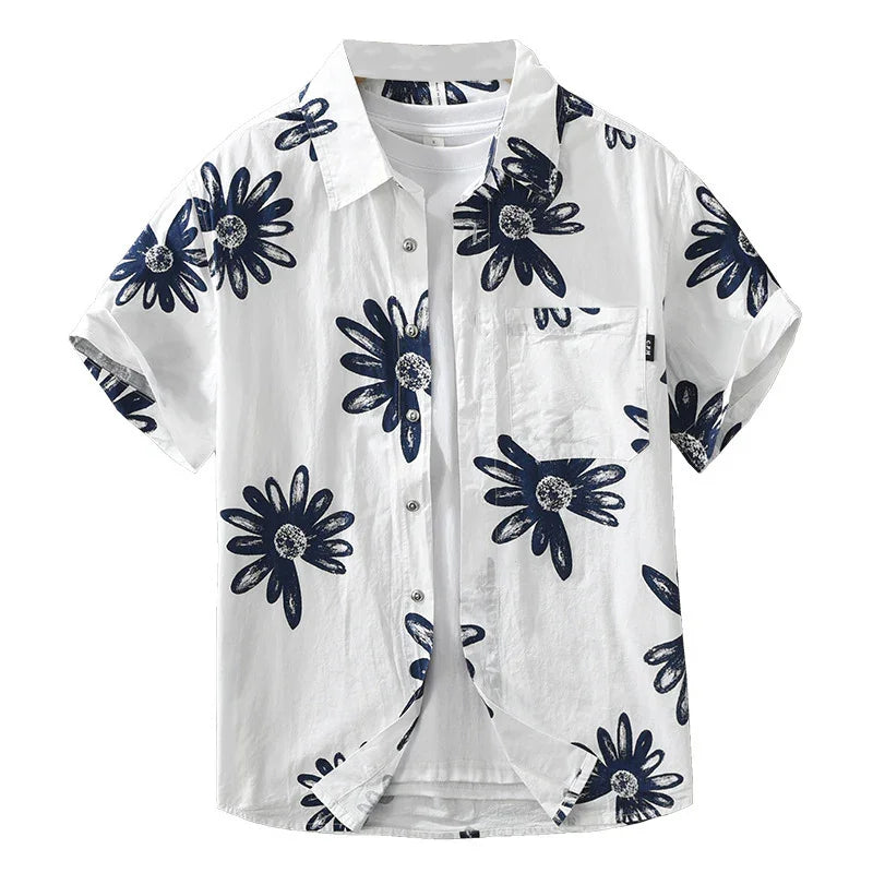 White short-sleeve button-up shirt with navy blue floral print and chest pocket
