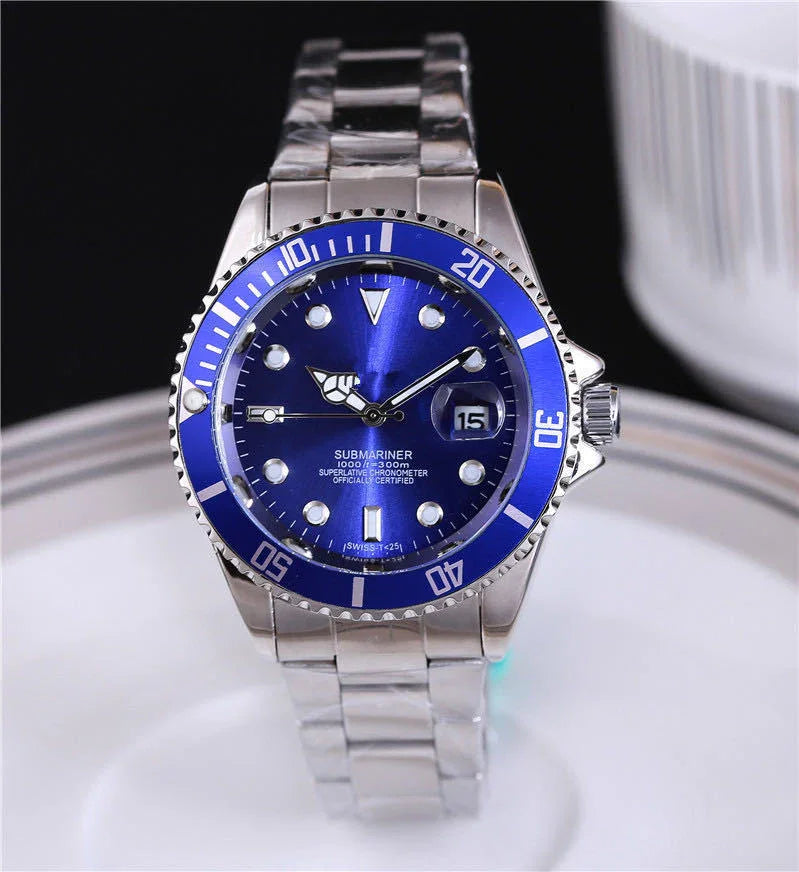 silver metal bracelet watch with blue dial and bezel showing date 15 on white plate background