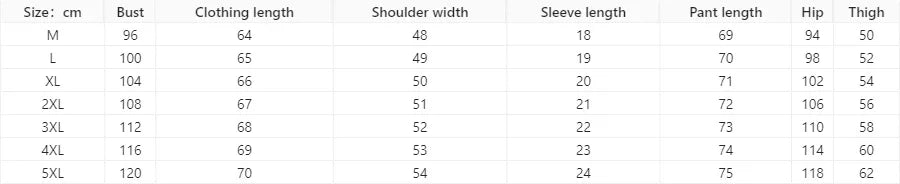 Clothing size chart displaying measurements in cm for bust, clothing length, shoulder width, sleeve length, pant length, hip, and thigh from M to 5XL