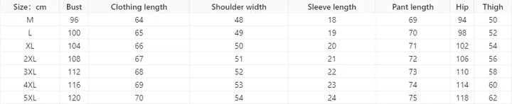 Clothing size chart displaying measurements in cm for bust, clothing length, shoulder width, sleeve length, pant length, hip, and thigh from M to 5XL