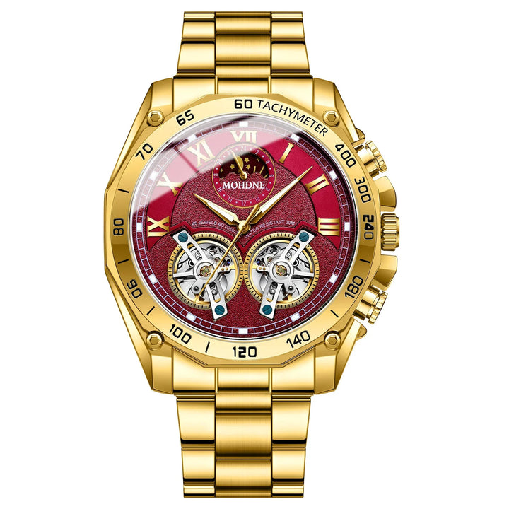 Gold stainless steel tachymeter watch with red dial, Roman numerals, dual tourbillon, and MOHDNE branding