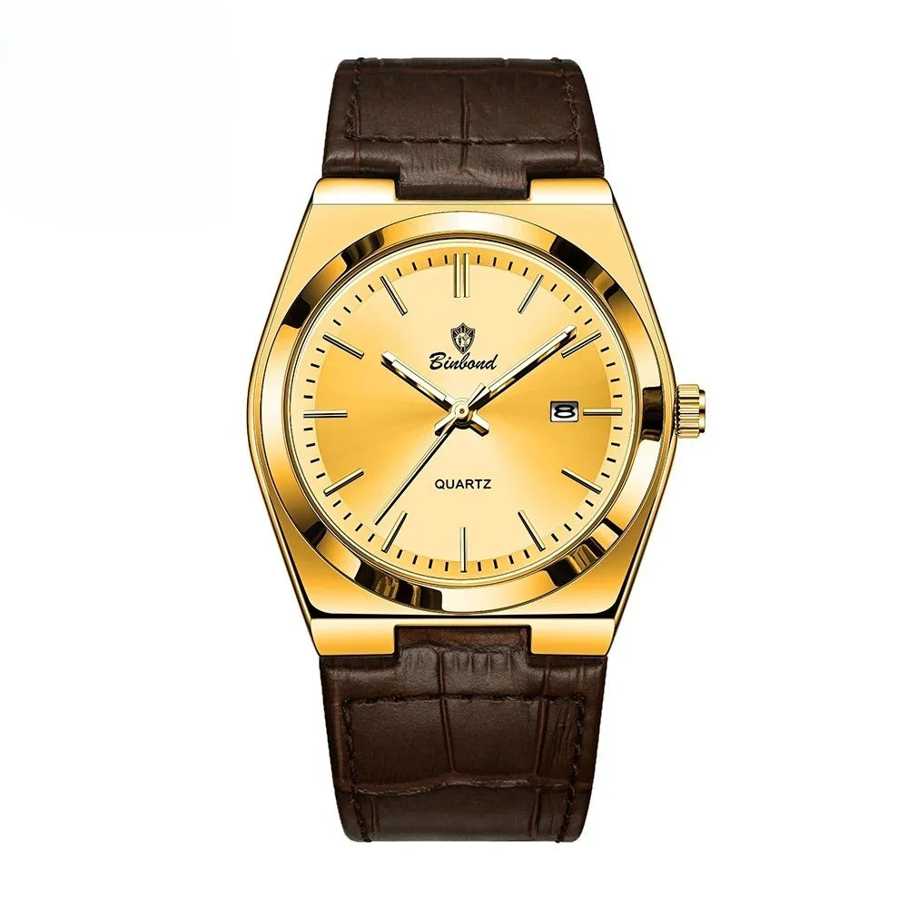 Gold tone quartz wristwatch with brown leather strap and date display on white background