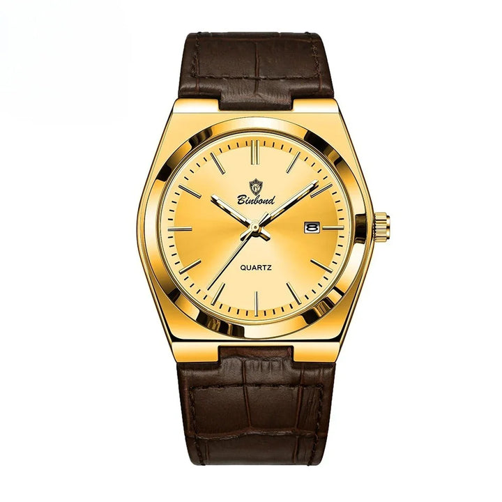 Gold tone quartz wristwatch with brown leather strap and date display on white background