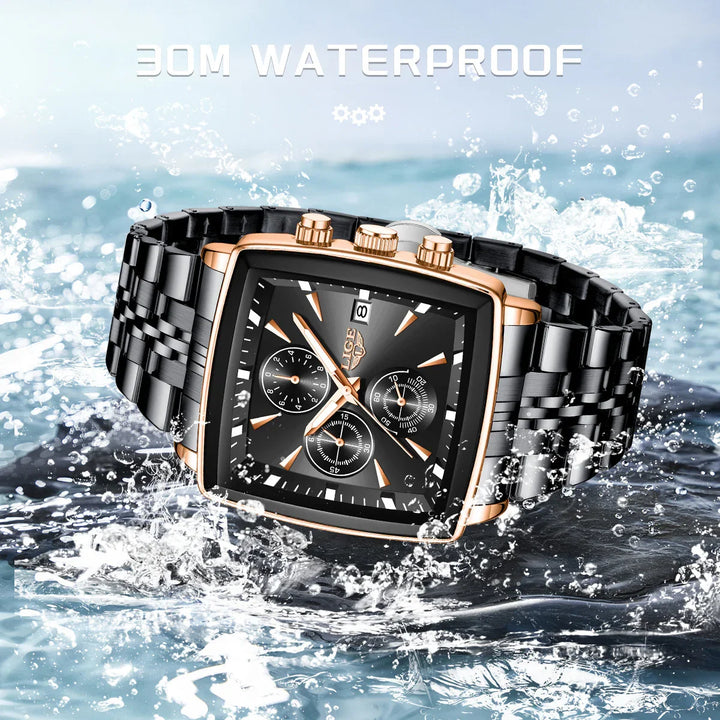 Black and gold waterproof chronograph wristwatch splashing in water with 30M waterproof text