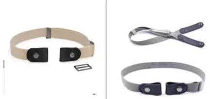 Adjustable beige and gray elastic waist belts with black snap closures and metal buckle on white background