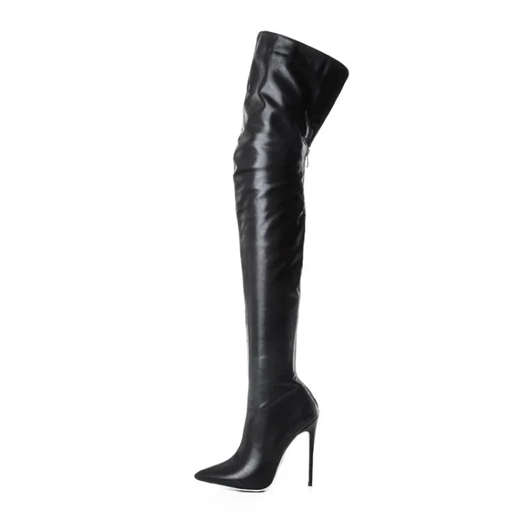Black thigh-high stiletto heeled leather boot with pointed toe and side zipper