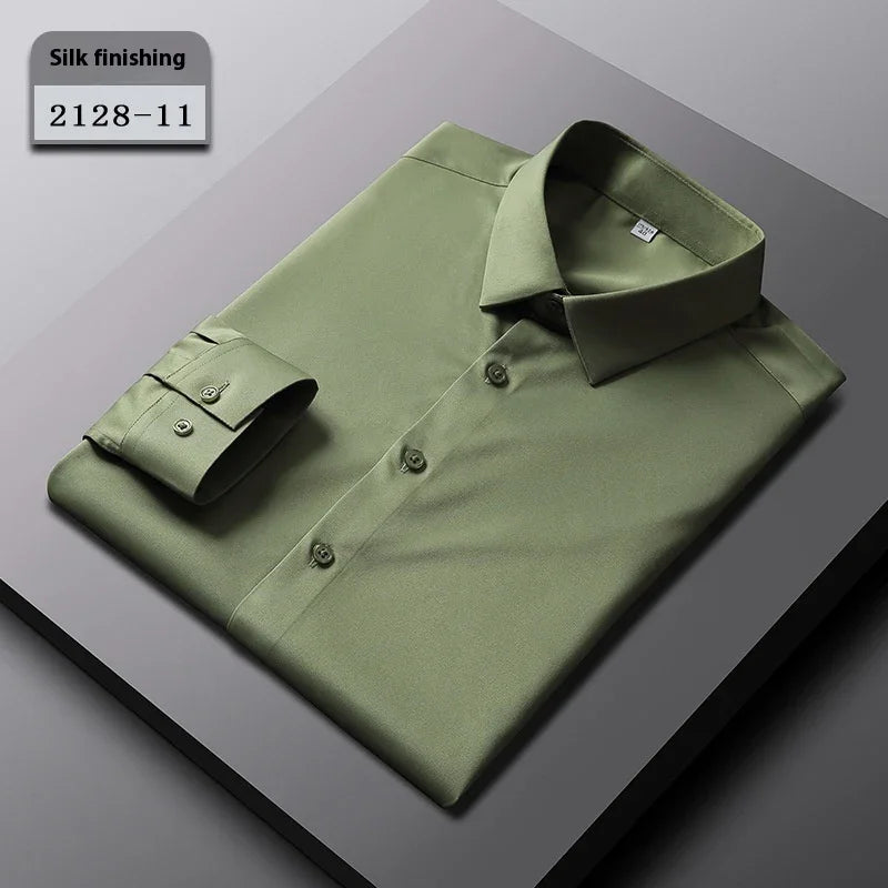 Folded olive green men's dress shirt with silk finishing, button-down collar, and cuff buttons