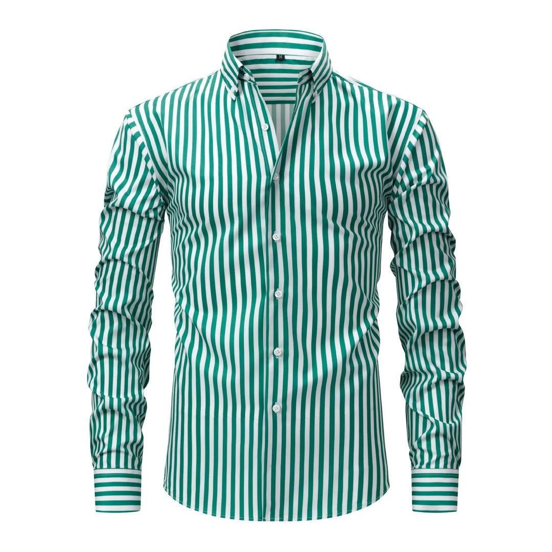 Men's green and white vertical striped button-down shirt with long sleeves