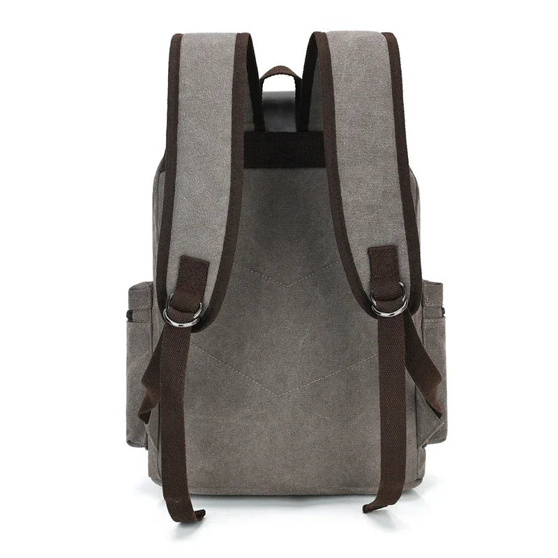Gray canvas backpack with brown adjustable shoulder straps and side pockets