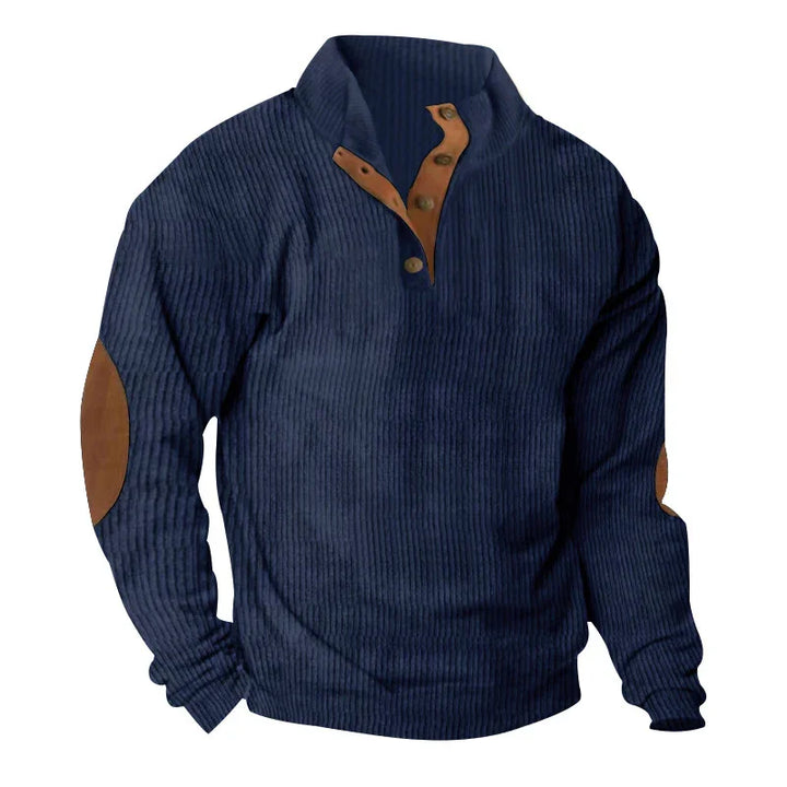 Navy blue corduroy pullover sweater with brown button placket and elbow patches