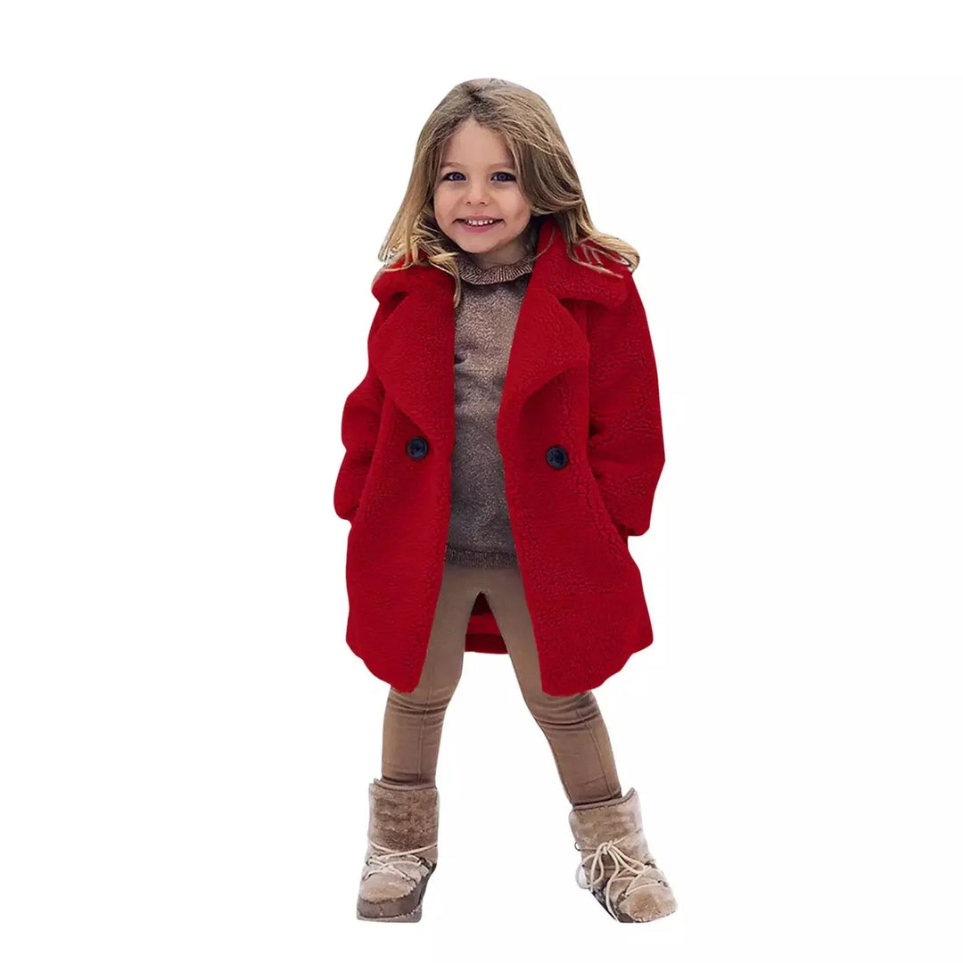 Smiling little girl wearing red coat, beige leggings, and fur-lined winter boots