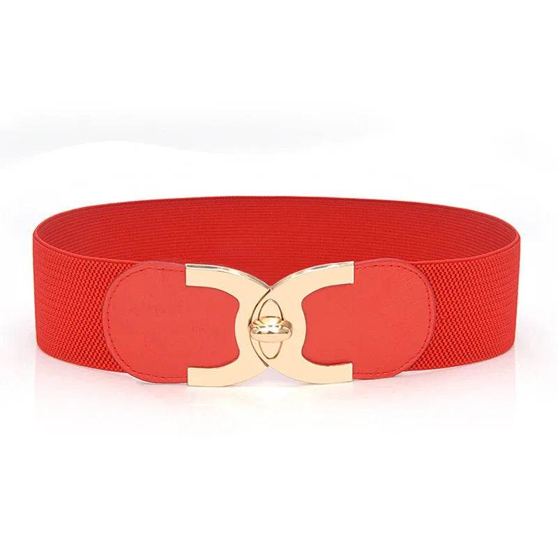 Wide red elastic waist belt with textured band and gold metal clasp buckle