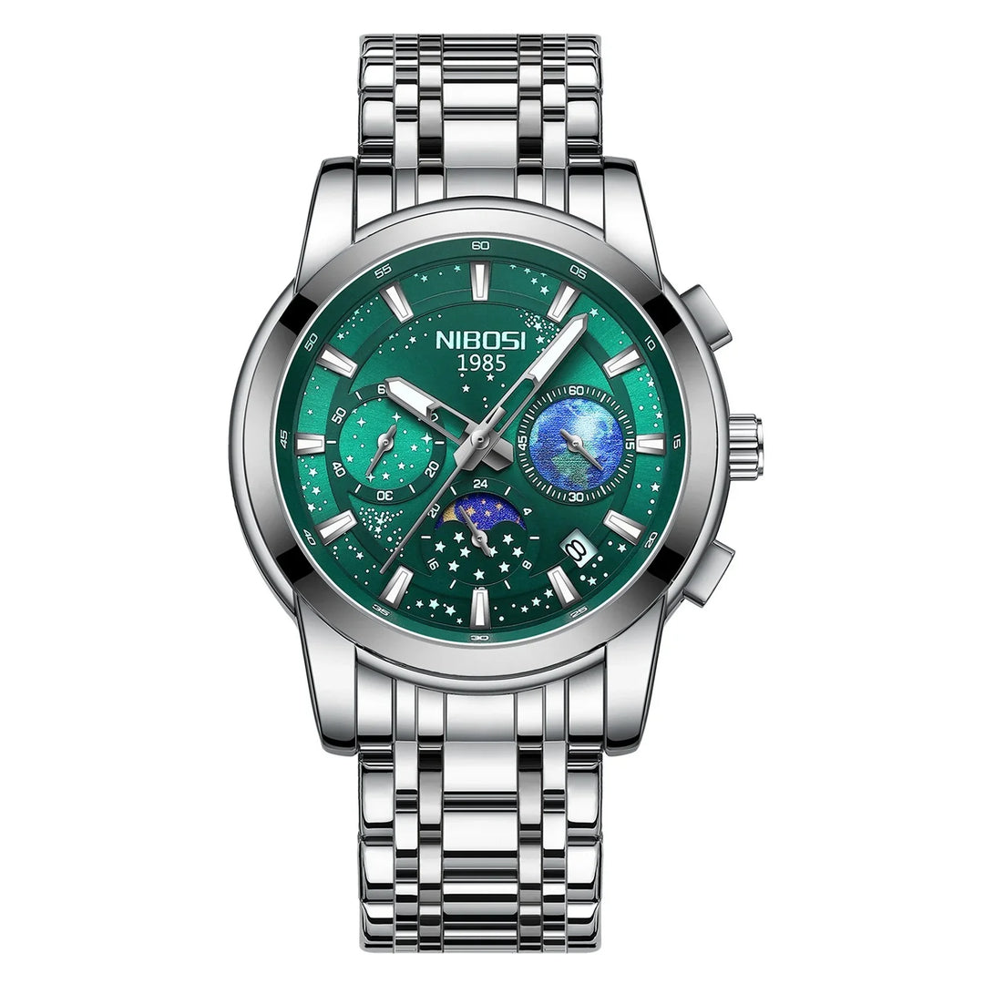 Silver NIBOSI 1985 men's wristwatch with green dial, starry accents, chronograph, and metal bracelet