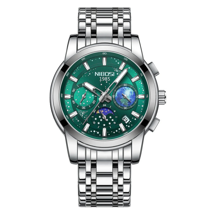 Silver NIBOSI 1985 men's wristwatch with green dial, starry accents, chronograph, and metal bracelet