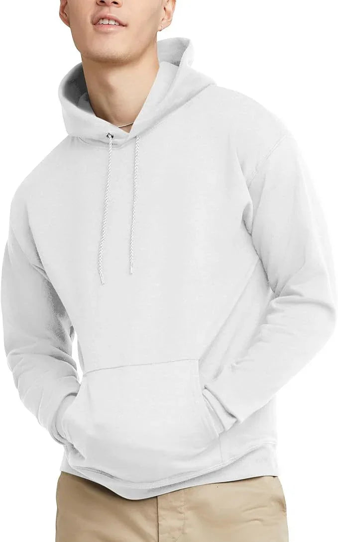 Man wearing light gray hoodie with front pocket and drawstrings, paired with beige pants