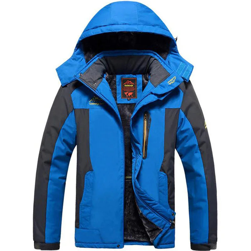 Blue and black outdoor hiking jacket with hood and fleece lining, front zipper, and chest pocket