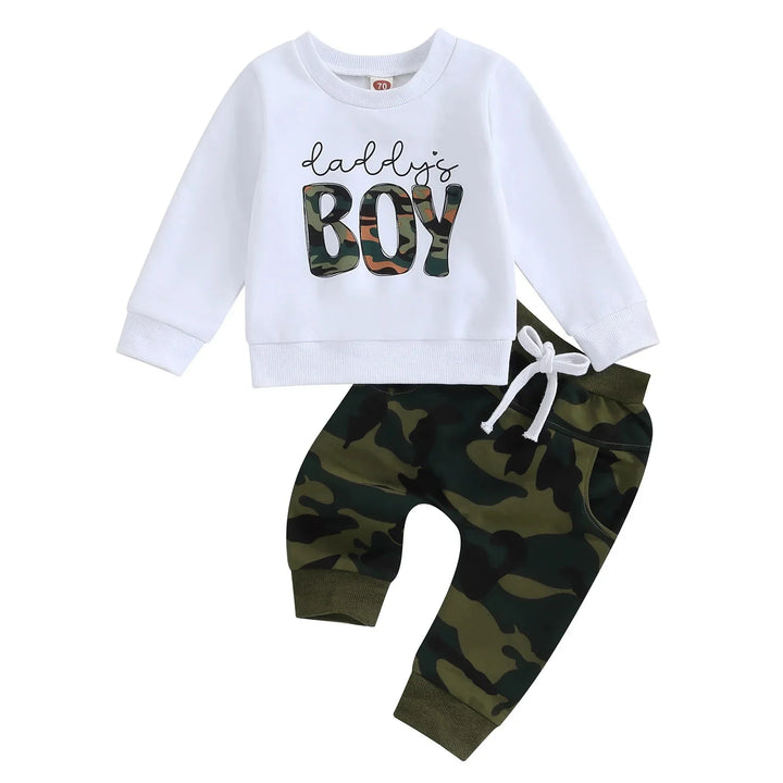 White toddler sweatshirt with daddy's boy camo print and green camouflage pants set