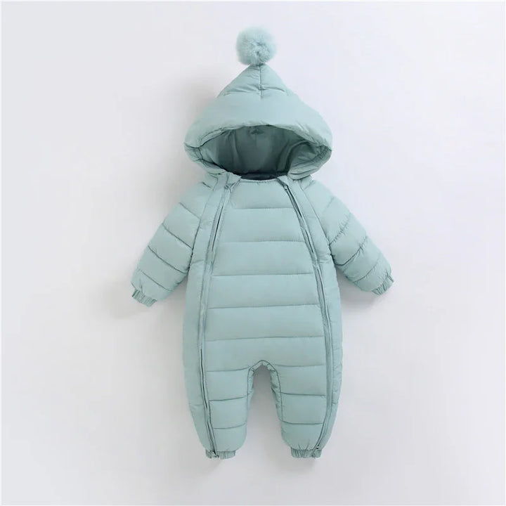 Light blue padded baby winter snowsuit with hood and pom-pom on top