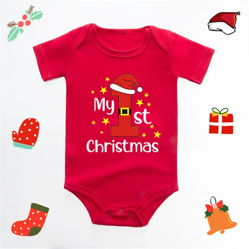 Red baby onesie with My 1st Christmas text and Santa hat design surrounded by Christmas icons