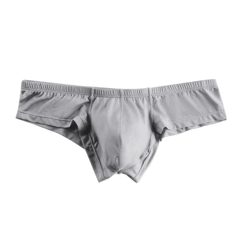 light gray men's bikini brief underwear with elastic waistband on white background