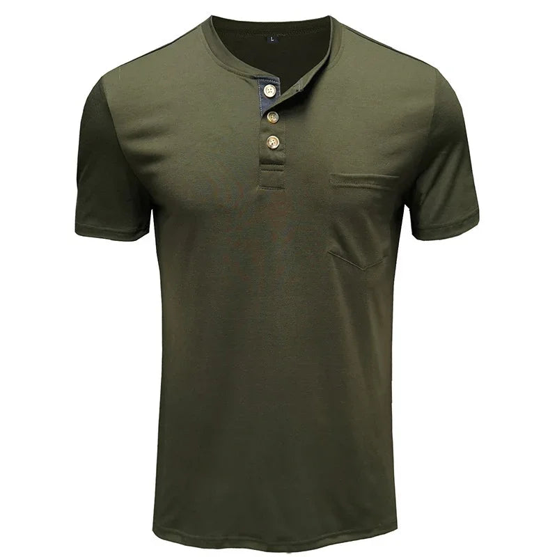 Men's olive green short sleeve Henley shirt with three buttons and small chest pocket