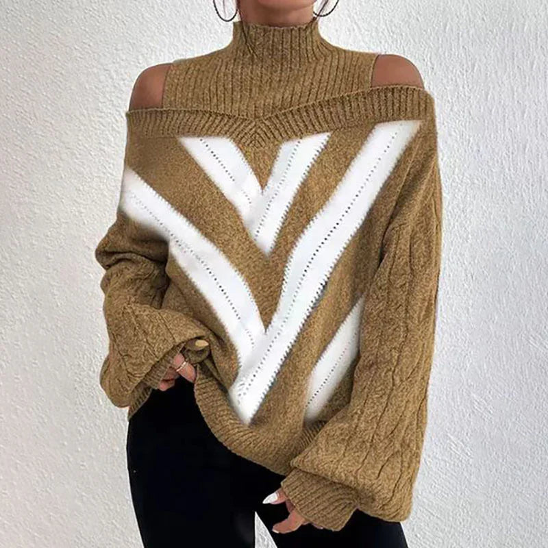 Woman wearing brown off-shoulder knit sweater with white chevron stripes and balloon sleeves