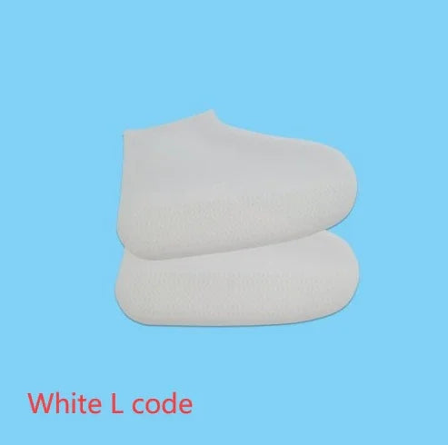 Pair of white protective foam shoe covers labeled White L code on blue background