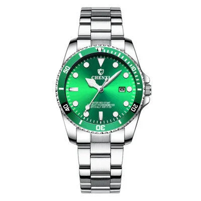 Silver stainless steel wristwatch with green dial, date display, and rotating bezel