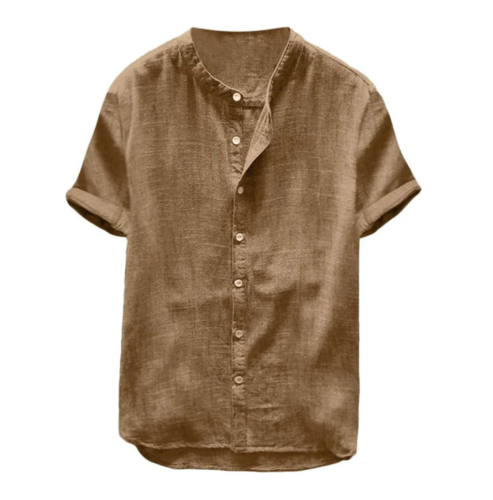 Men's casual short sleeve linen shirt in brown with mandarin collar and button front