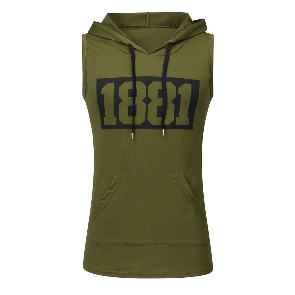 Olive green sleeveless hoodie with black drawstrings and large 1881 print on front