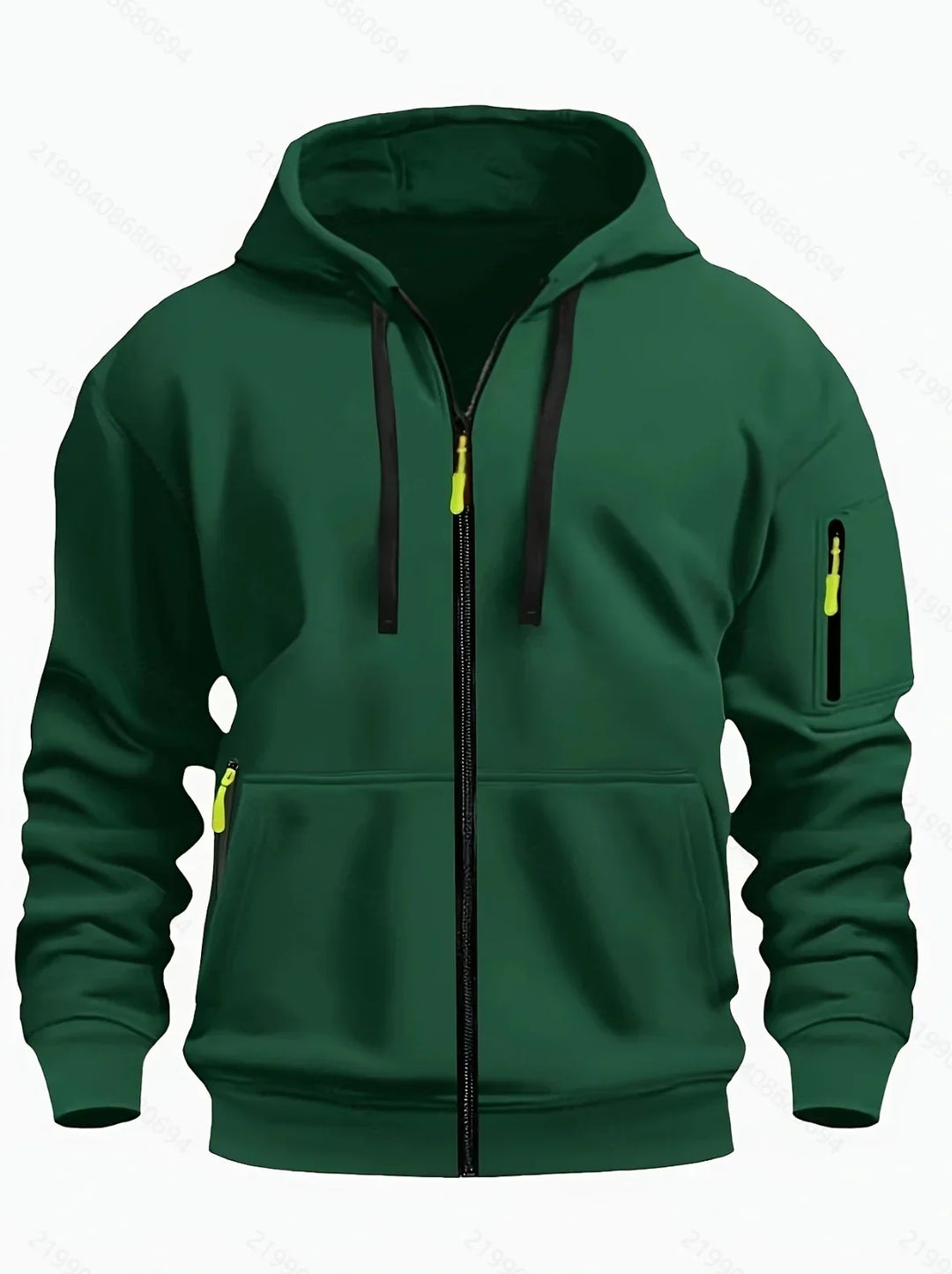 Dark green zip-up hoodie with neon yellow zipper pulls and black drawstrings, featuring a zippered sleeve pocket