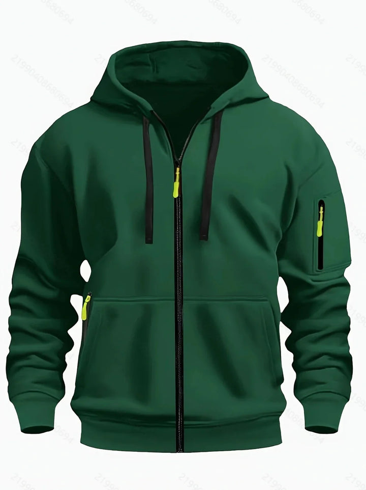 Dark green zip-up hoodie with neon yellow zipper pulls and black drawstrings, featuring a zippered sleeve pocket