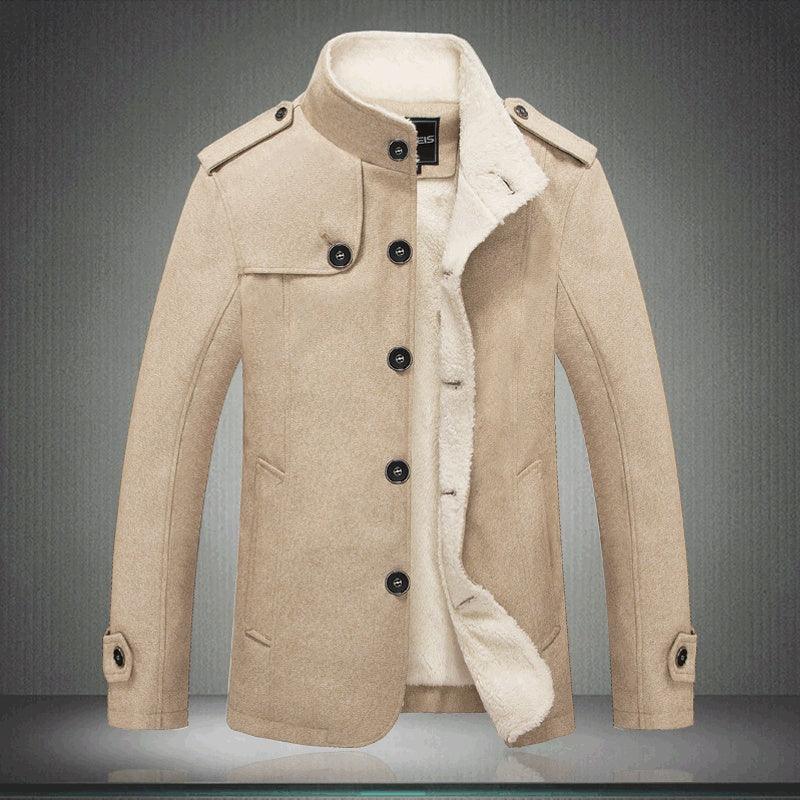 Beige men's winter coat with black buttons and cozy white shearling lining on gray background