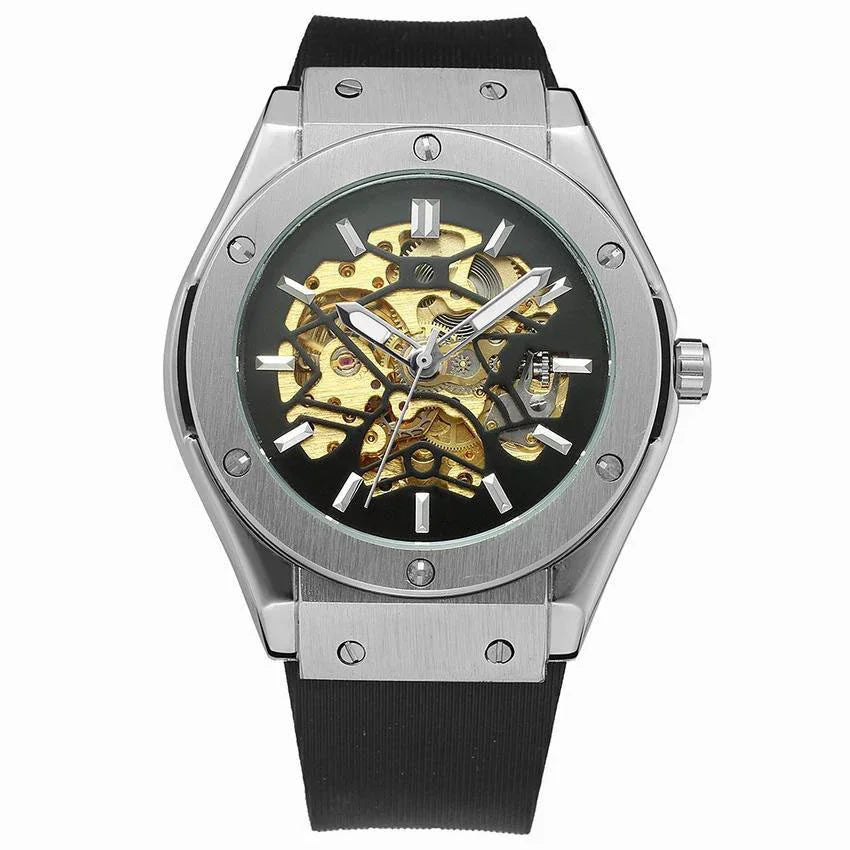 Close-up of mechanical wristwatch with black strap and visible gold gears inside stainless steel case