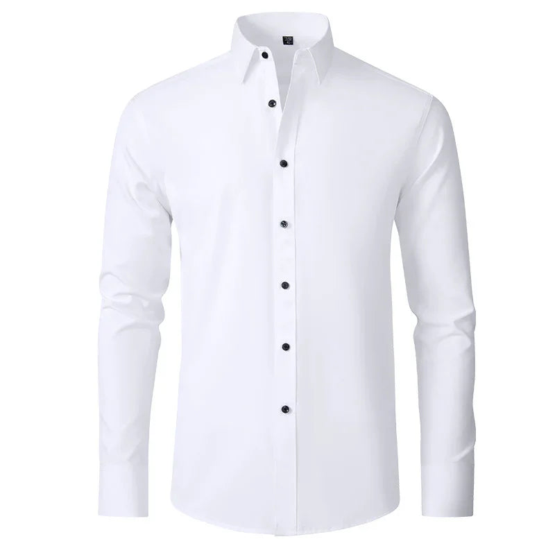 White men's dress shirt with black buttons, long sleeves, and a classic collar on white background