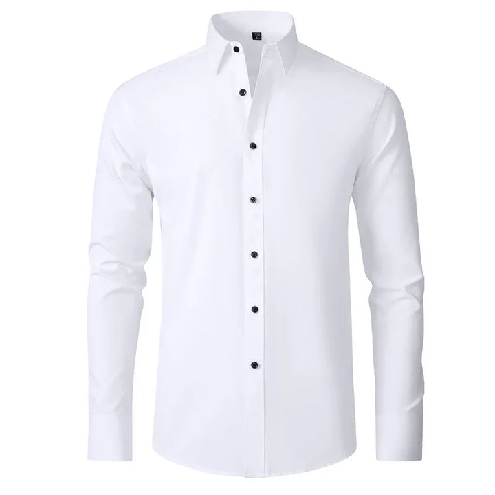 White men's dress shirt with black buttons, long sleeves, and a classic collar on white background