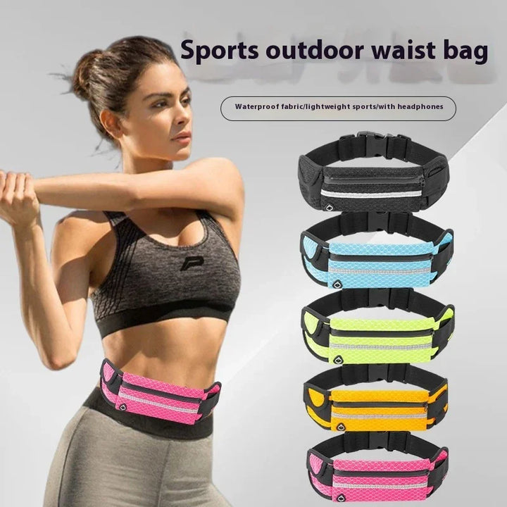 Woman stretching wearing a pink sports outdoor waist bag with black sports bra and gray leggings alongside five colorful waist bag options