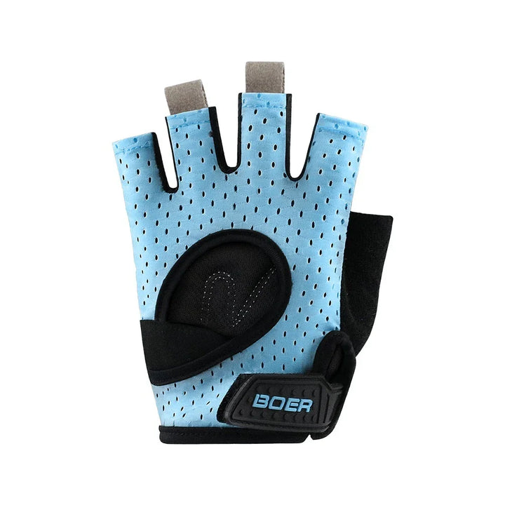 Light blue BOER fingerless cycling glove with black grip and breathable holes