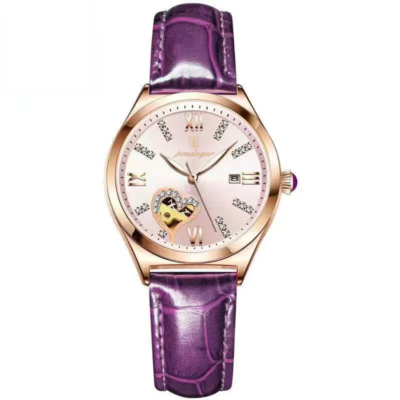 Elegant rose gold wristwatch with purple leather strap, diamond markers, heart-shaped detail, and date display