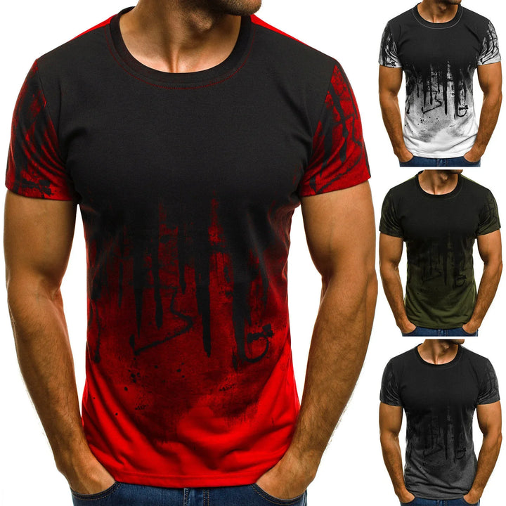 Men's short sleeve ombre t-shirts with black abstract graffiti print in red, white, green, and gray colors