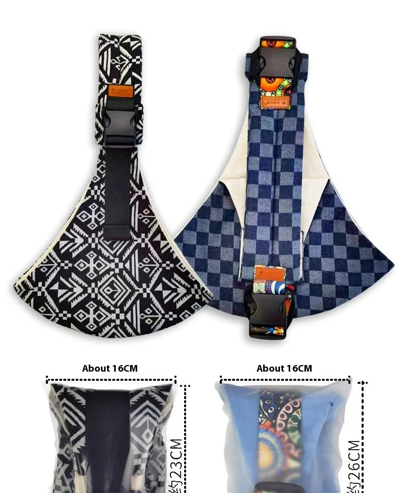 Pair of patterned fabric wrist supports with plastic buckles, featuring black and white geometric and blue checkered designs