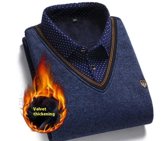 Folded blue velvet thickened men's sweater with navy polka dot collar and V-neck design