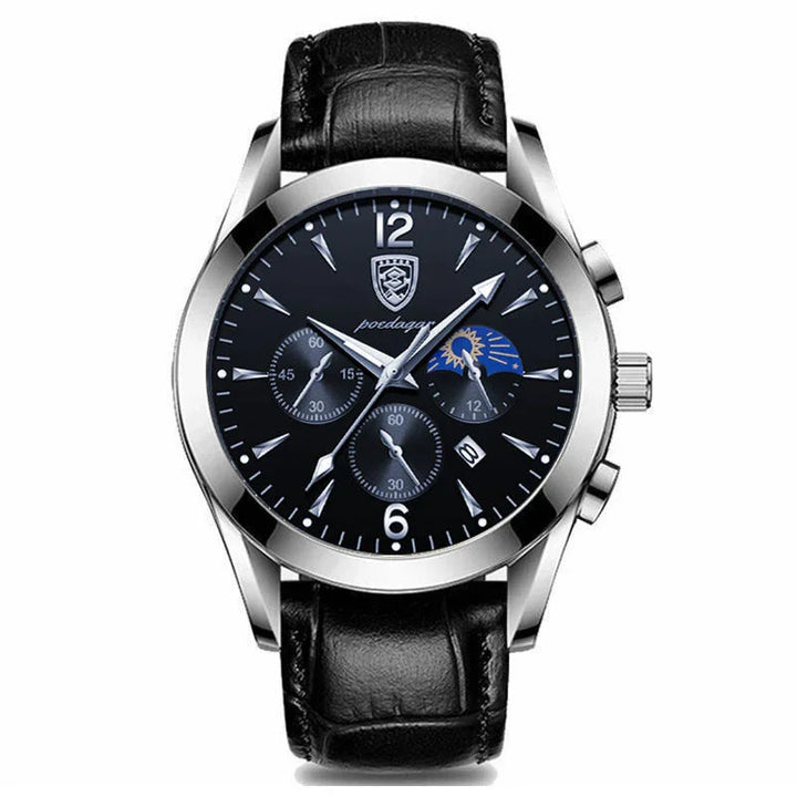 Men's black dial analog wristwatch with silver case, subdials, date display, and black leather strap