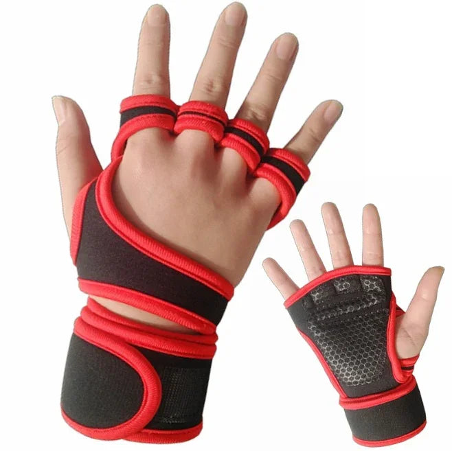 Black and red fingerless fitness gloves with wrist support on hands, designed for gym workouts