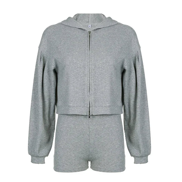 Gray ribbed knit two-piece lounge set with zip-up hoodie and high-waisted shorts