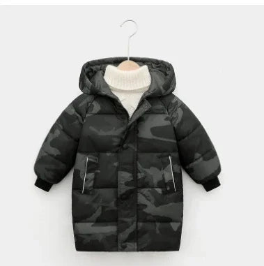 Black and gray camouflage kids puffer winter coat with hood and white turtleneck sweater on hanger