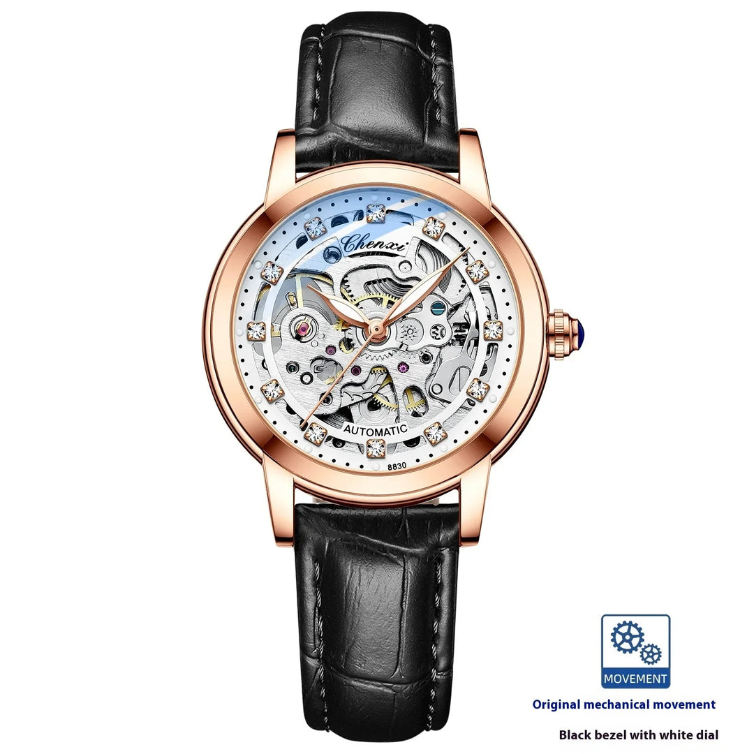 Chenxi automatic mechanical watch with rose gold case, visible gears, diamond hour markers, and black leather strap