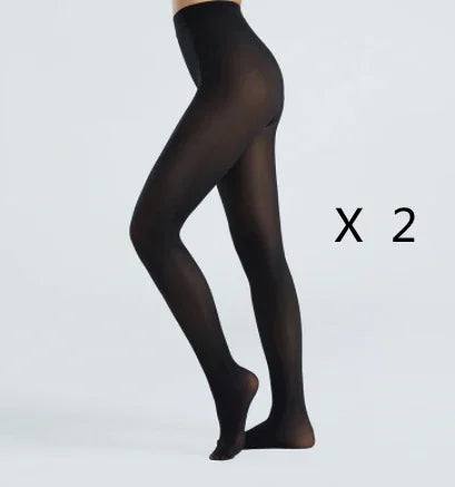 Black sheer opaque tights on model with 'x 2' indicating two pairs